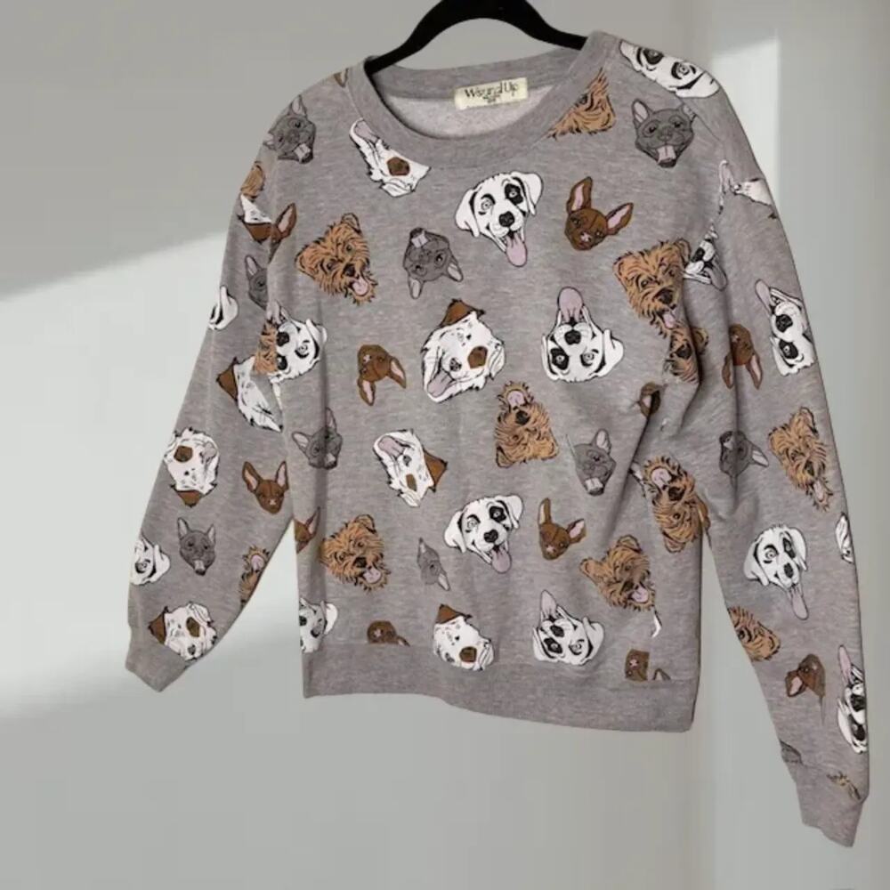 WoundUp Allover Dog Print Sweatshirt – Heather Gray (womens small)